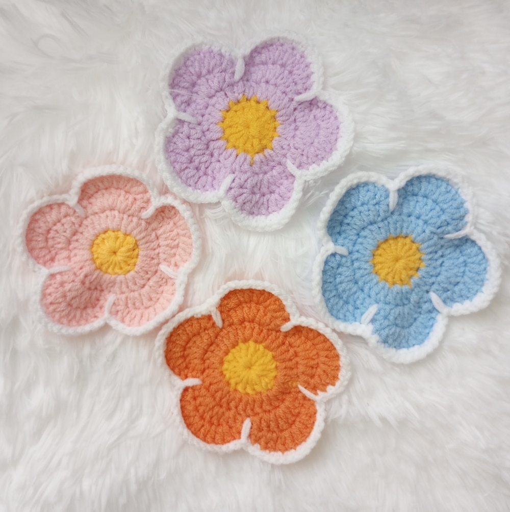 Handmade Crochet Flower Coasters Set Of 4 Purple Pink Coral Orange Blue